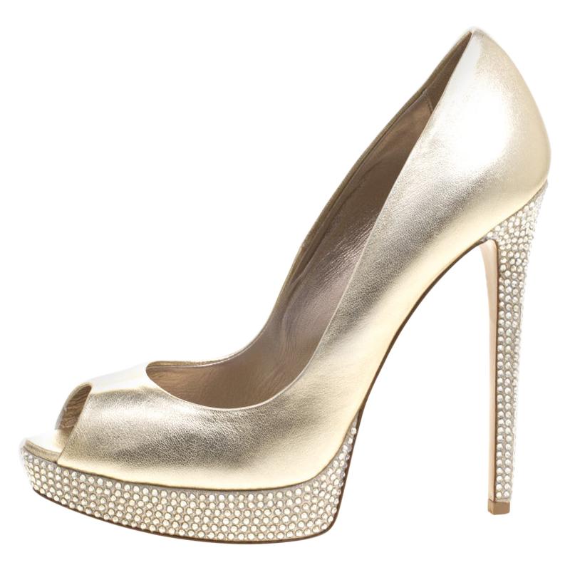 Le Silla Gold Metallic Leather Embellished Platform Peep Toe Pumps Size 38.5