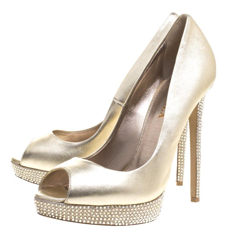 Women's Le Silla Gold Metallic Leather Embellished Platform Peep Toe Pumps Size 41