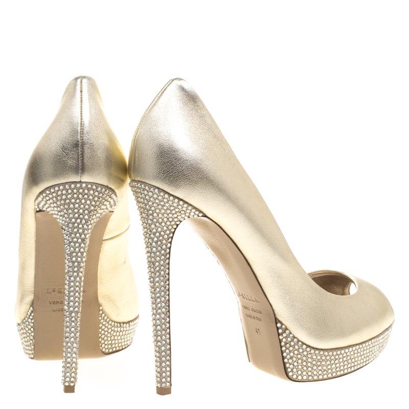 Le Silla Gold Metallic Leather Embellished Platform Peep Toe Pumps Size 41 1