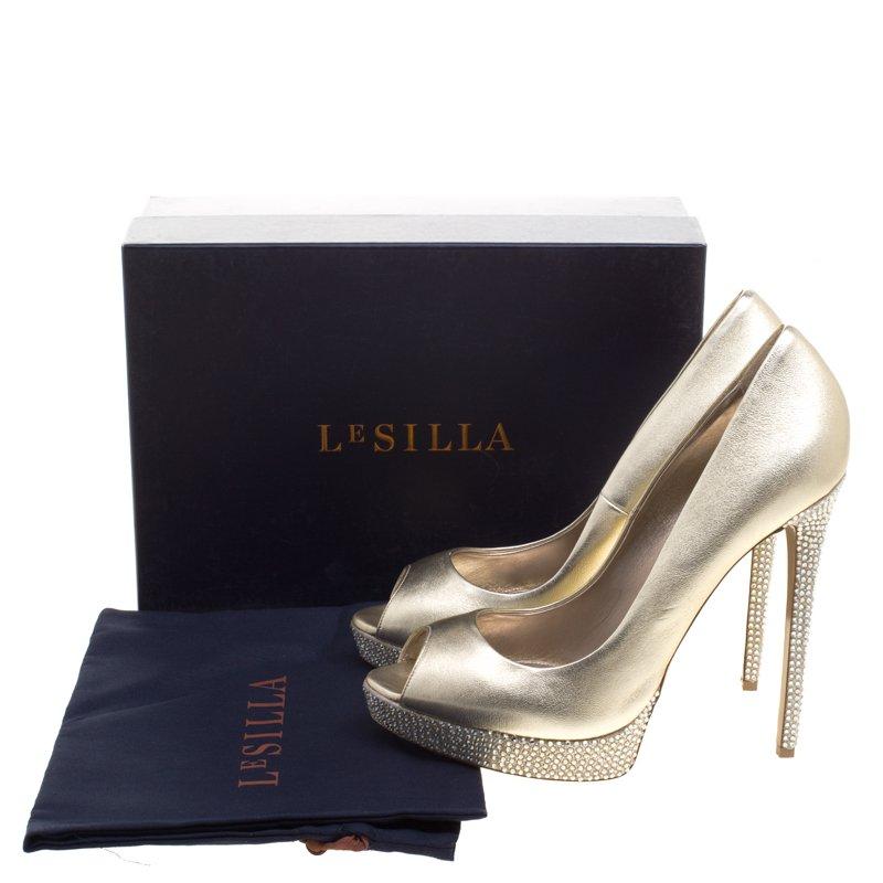 Le Silla Gold Metallic Leather Embellished Platform Peep Toe Pumps Size 41 4