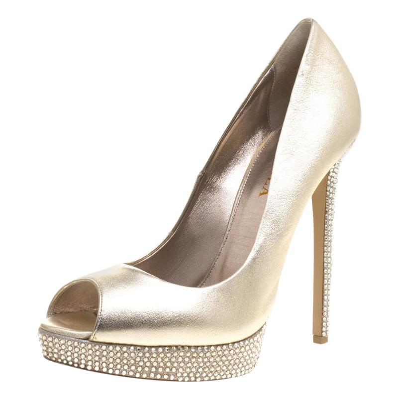 Le Silla Gold Metallic Leather Embellished Platform Peep Toe Pumps Size 41