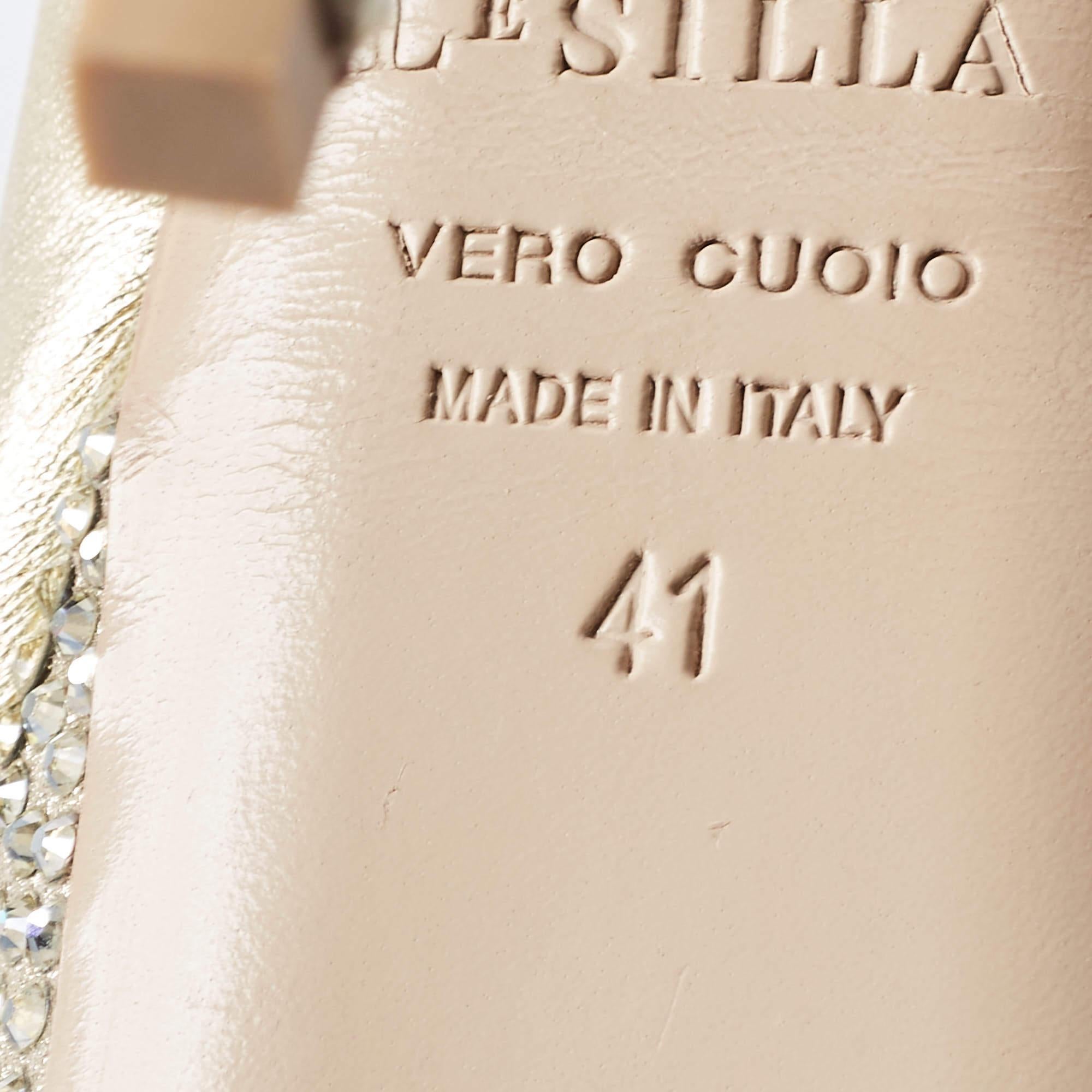 Le Silla Golden Leather Crystal Embellished Platform Peep Toe Pumps Size 41 For Sale 2