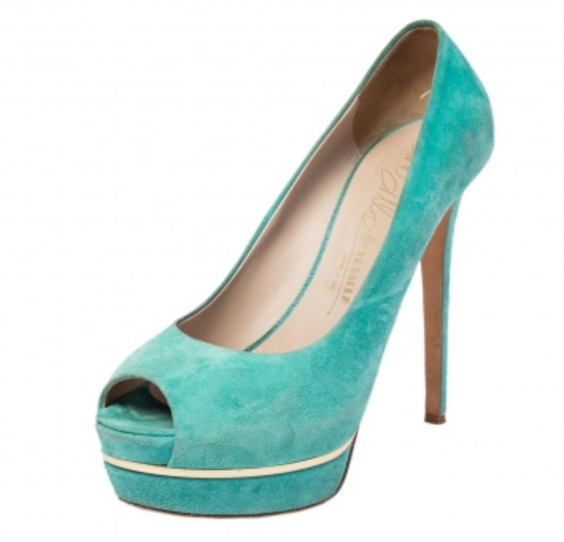 Le Silla Green Suede Peep Toe Platform Pumps Size 40 4