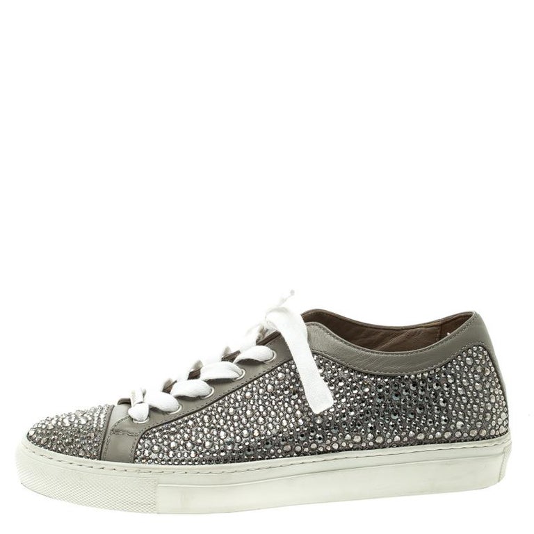 Le Silla Grey Crystal Embellished Leather Lace Up Sneakers Size 36 For ...
