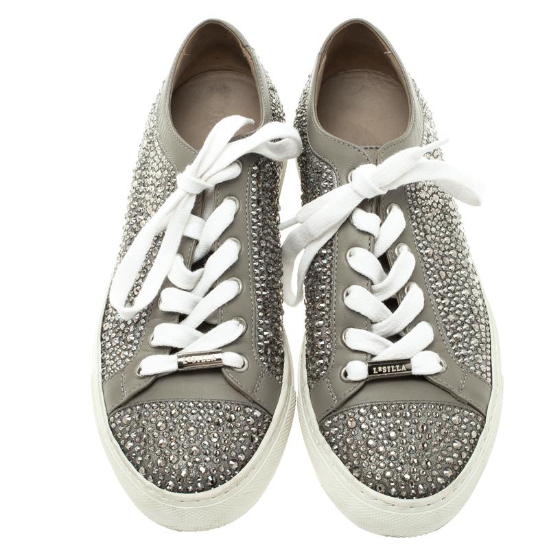 Gray Le Silla Grey Crystal Embellished Leather Lace Up Sneakers Size 36