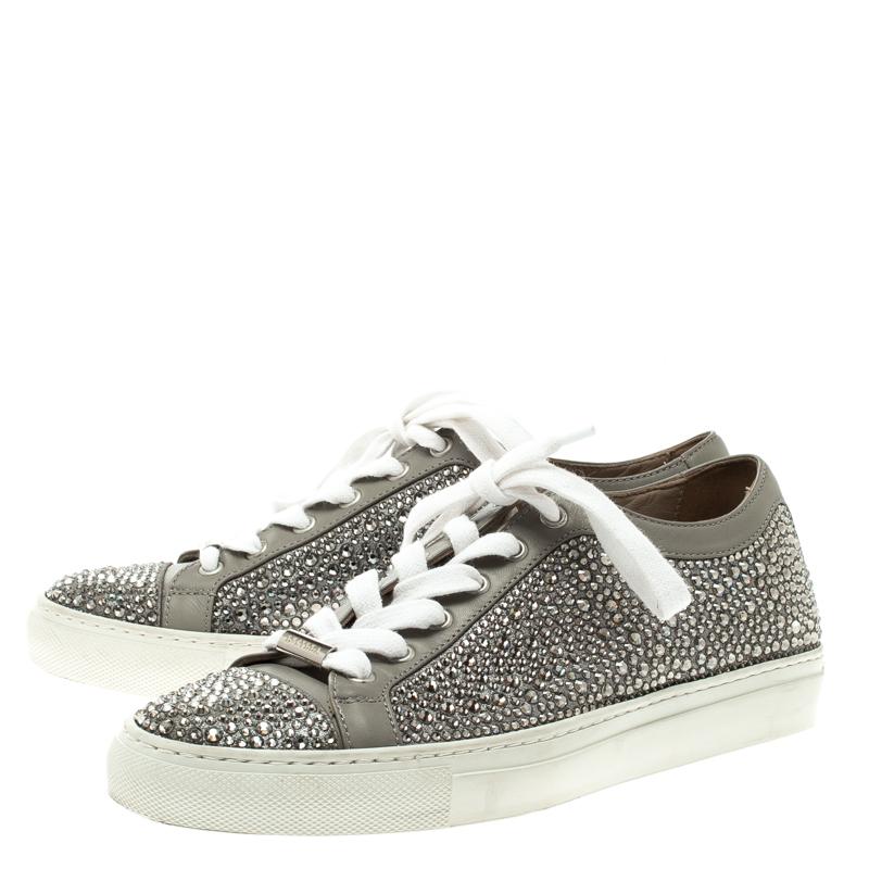 Le Silla Grey Crystal Embellished Leather Lace Up Sneakers Size 36 In Excellent Condition In Dubai, Al Qouz 2