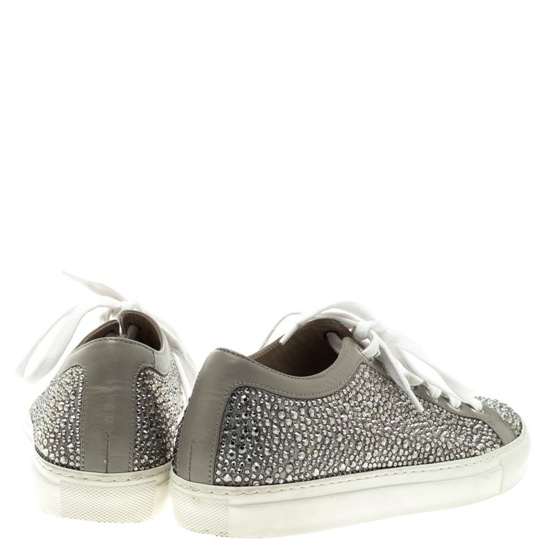 Women's Le Silla Grey Crystal Embellished Leather Lace Up Sneakers Size 36