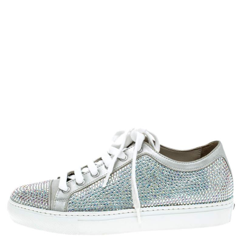 Le Silla Grey Crystal Embellished Suede Lace Up Sneakers Size 36 In Good Condition For Sale In Dubai, Al Qouz 2