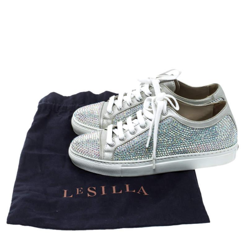 Le Silla Grey Crystal Embellished Suede Lace Up Sneakers Size 36 For Sale 4