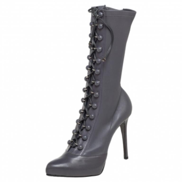 Le Silla  Grey Leather Lace Up Mid Calf Boots Size 40 5