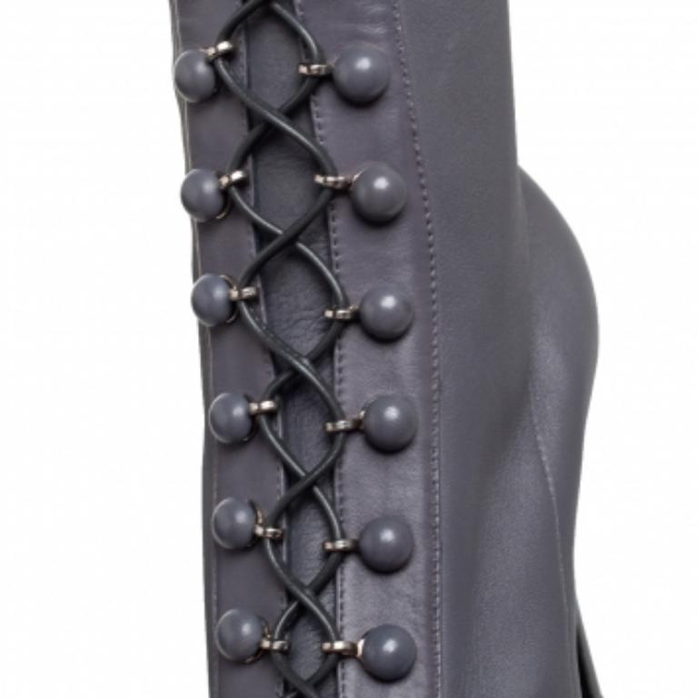 Gray Le Silla  Grey Leather Lace Up Mid Calf Boots Size 40