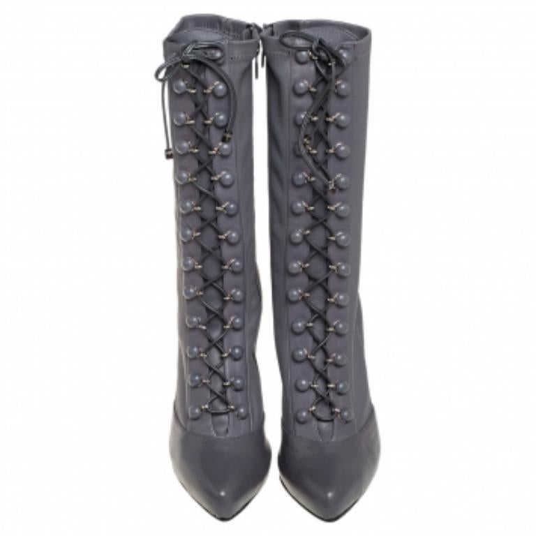 Le Silla  Grey Leather Lace Up Mid Calf Boots Size 40 1