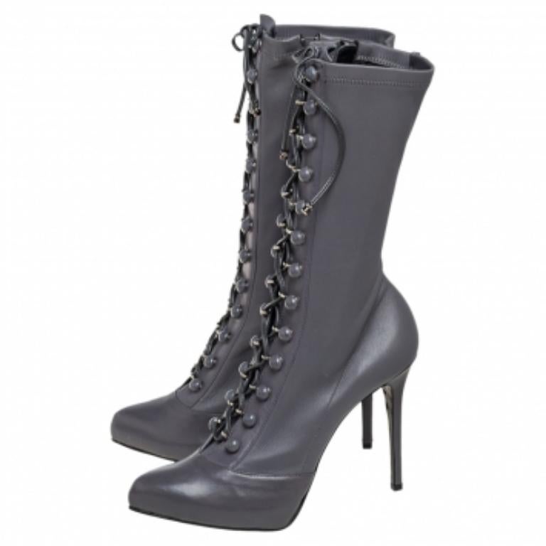 Le Silla  Grey Leather Lace Up Mid Calf Boots Size 40 4