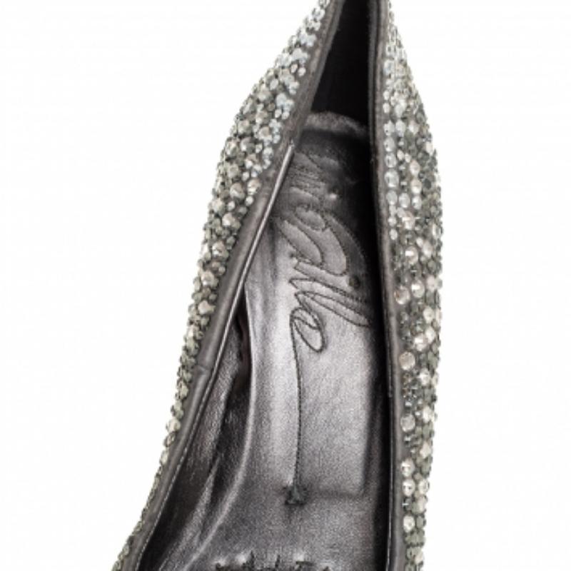Gray Le Silla Grey Satin Crystal Embellished Peep Toe Platform Pumps Size 37 For Sale