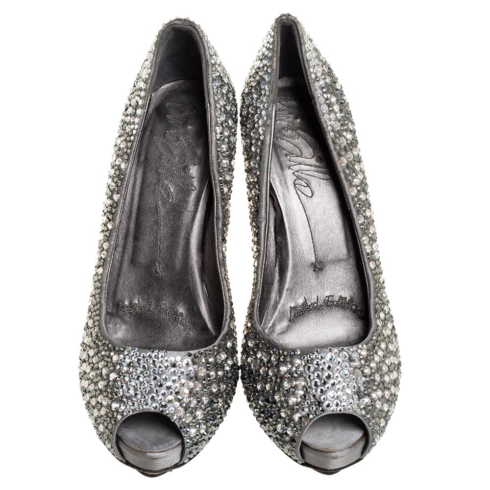 Gray Le Silla Grey Satin Crystal Embellished Peep Toe Platform Pumps Size 37