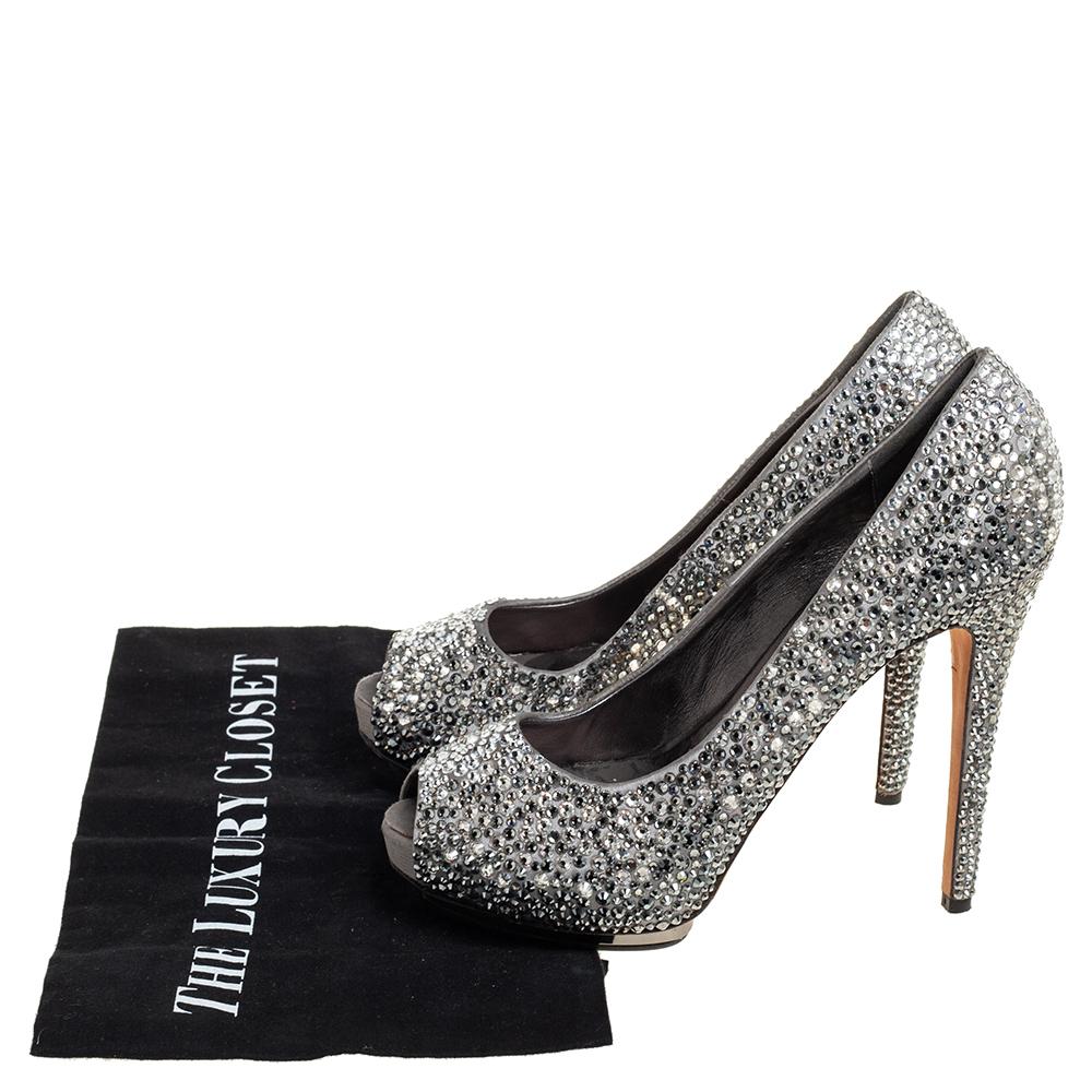 Le Silla Grey Satin Crystal Embellished Peep Toe Platform Pumps Size 37 3