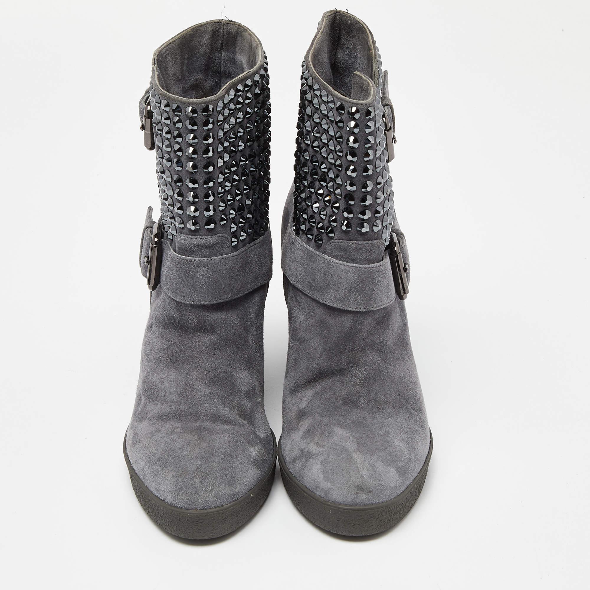 Gray Le Silla Grey Suede Crystal Embellished Wedge Ankle Boots Size 38 For Sale