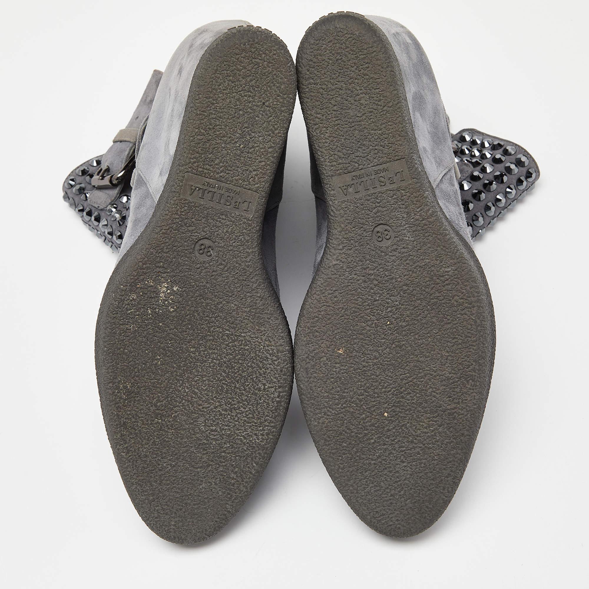 Le Silla Grey Suede Crystal Embellished Wedge Ankle Boots Size 38 For Sale 1