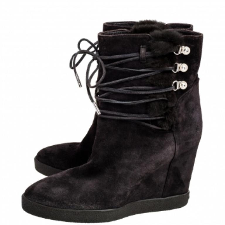 Noir Le Silla Grey Suede Fur Detail Hidden Wedge Ankle Boots Size 37