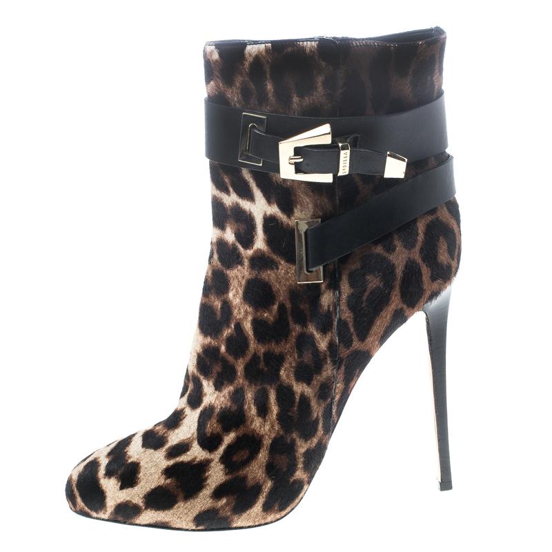 Women's Le Silla Leopard Printed Calf Hair Ankle Boots Size 40