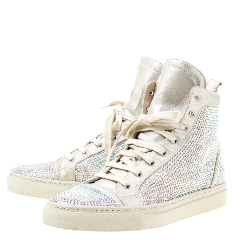 Le Silla Light Grey Suede Crystal Embellished High Top Sneakers Size 38 2