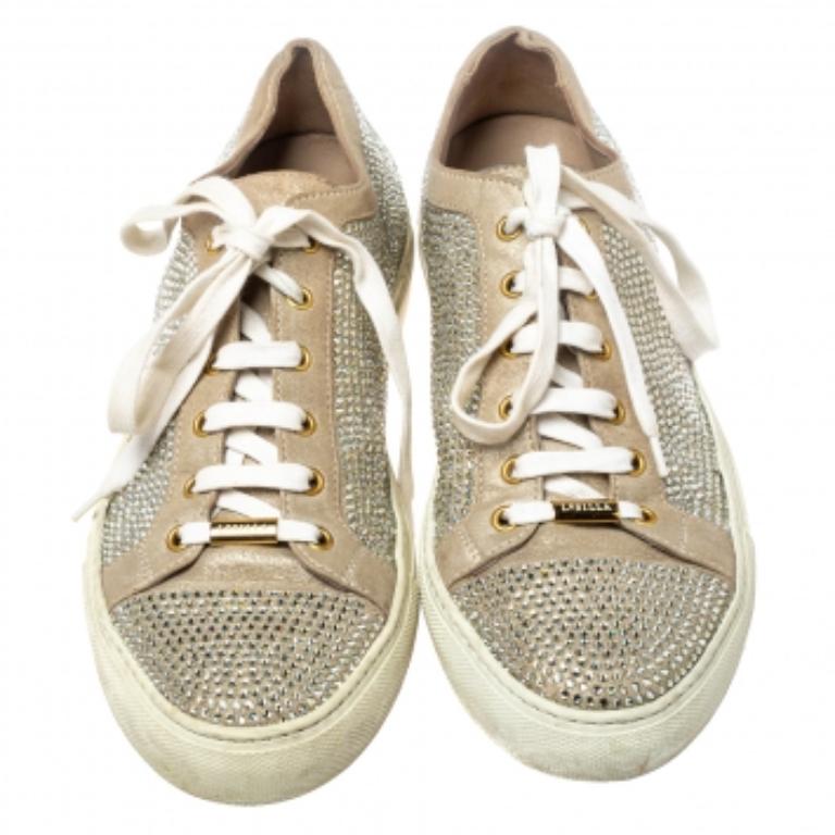 Men's Le Silla Metallic Beige Crystal Embellished Suede Low Top Sneakers Size 41 For Sale