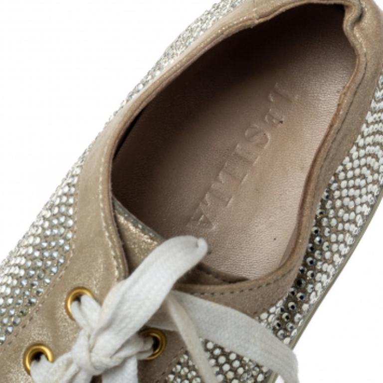 Le Silla Metallic Beige Crystal Embellished Suede Low Top Sneakers Size 41 For Sale 1
