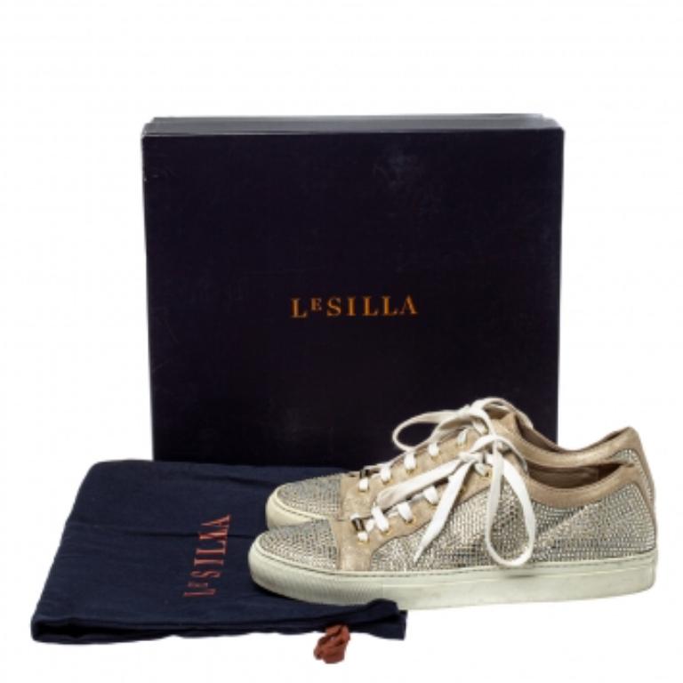 Le Silla Metallic Beige Crystal Embellished Suede Low Top Sneakers Size 41 For Sale 2