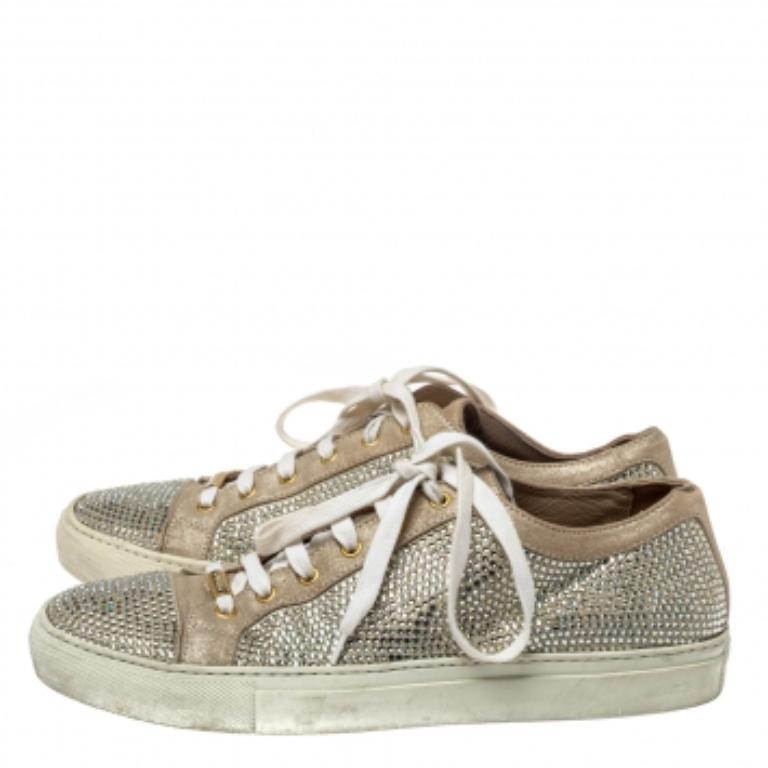 Le Silla Metallic Beige Crystal Embellished Suede Low Top Sneakers Size 41 For Sale 3