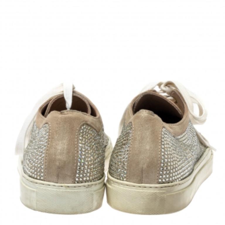 Le Silla Metallic Beige Crystal Embellished Suede Low Top Sneakers Size 41 For Sale 4