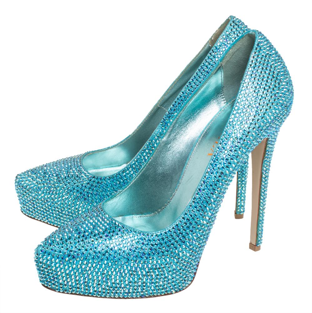 Women's Le Silla Metallic Blue Crystal Embellished Leather Peep Toe Pumps Size 37