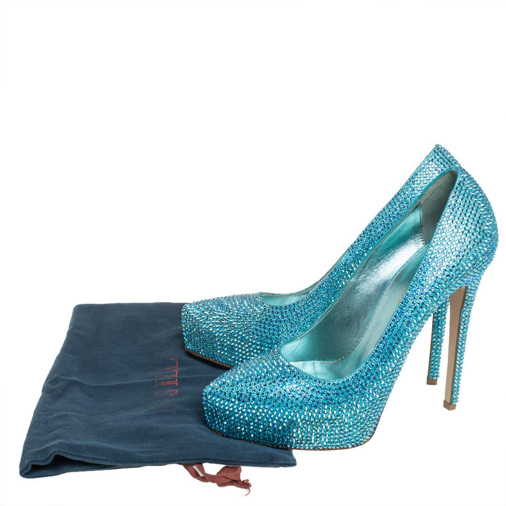 Le Silla Metallic Blue Crystal Embellished Leather Peep Toe Pumps Size 37 1