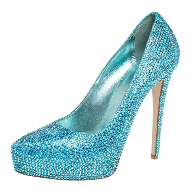 Le Silla Metallic Blue Crystal Embellished Leather Peep Toe Pumps Size 37  For Sale at 1stDibs