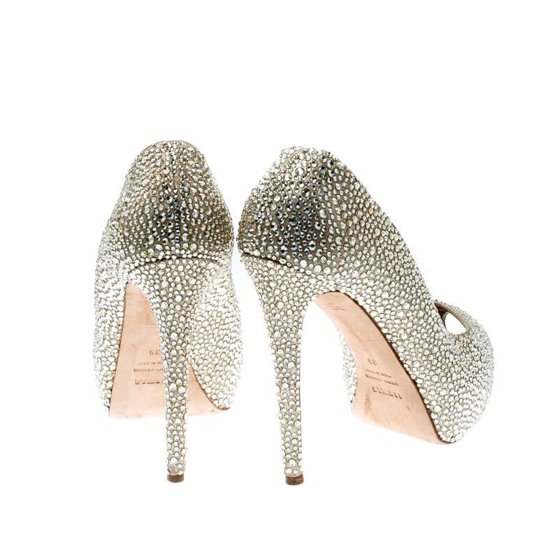 Women's Le Silla Metallic Gold Crystal Leather Peep Toe Platform Pumps Size 39