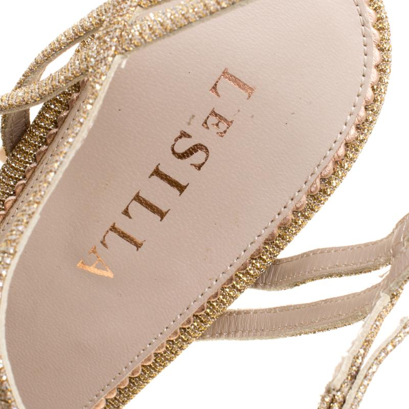 Women's Le Silla Metallic Gold Lamé Glitter Fabric Galaxy Platform Sandals Size 39