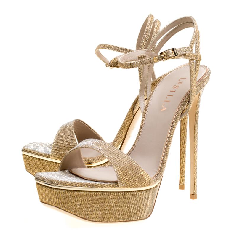 Le Silla Metallic Gold Lamé Glitter Fabric Galaxy Platform Sandals Size 39 1