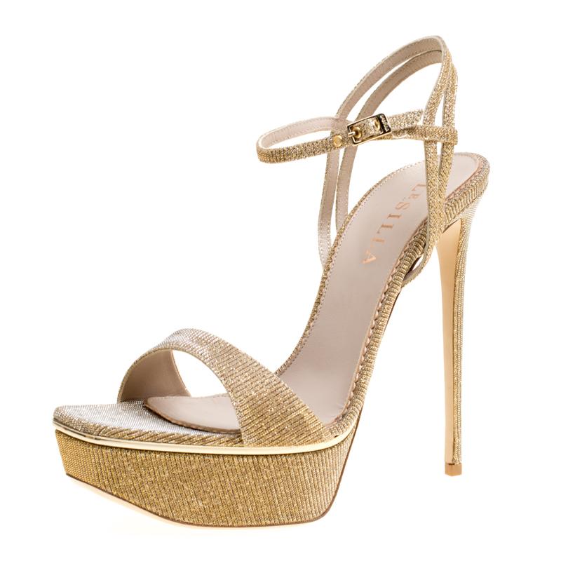 Le Silla Metallic Gold Lamé Glitter Fabric Galaxy Platform Sandals Size 39