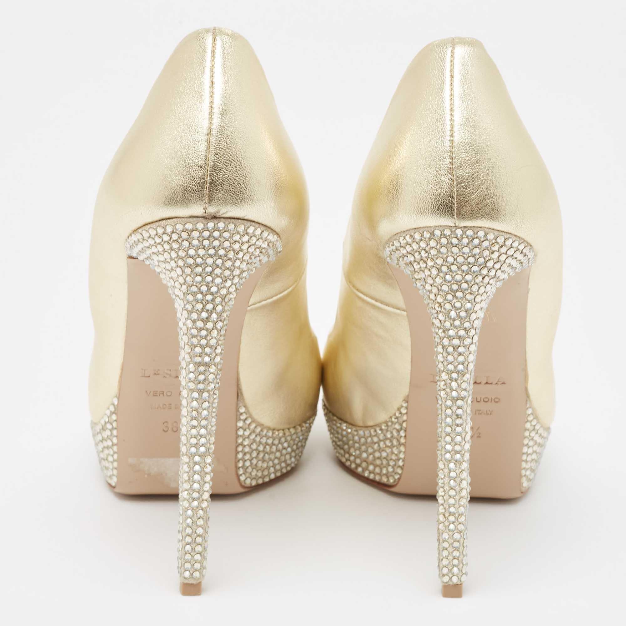 Donna Le Silla Pumps Peep Toe in pelle oro metallizzato misura 38,5 in vendita
