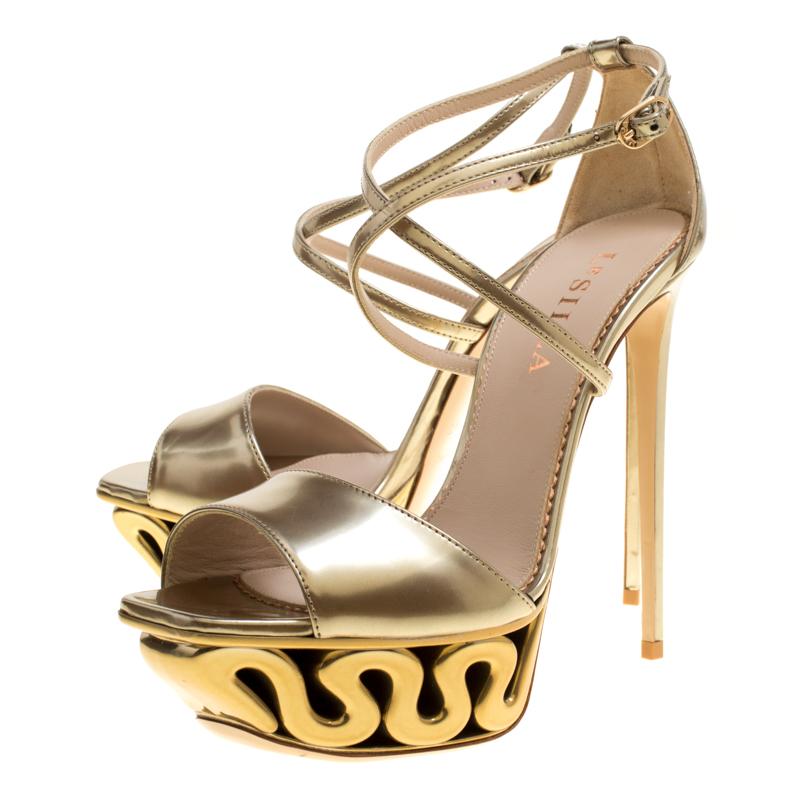 Women's Le Silla Metallic Gold Leather Venus Cross Strap Platform Sandals Size 40