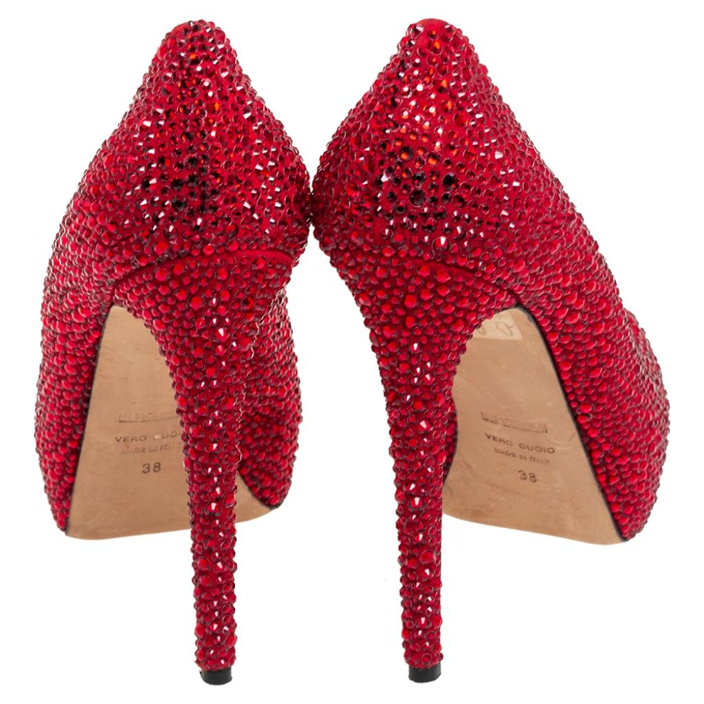 Women's Le Silla Metallic Red Suede Crystal Embellished Peep Toe Platform Pumps Size 38