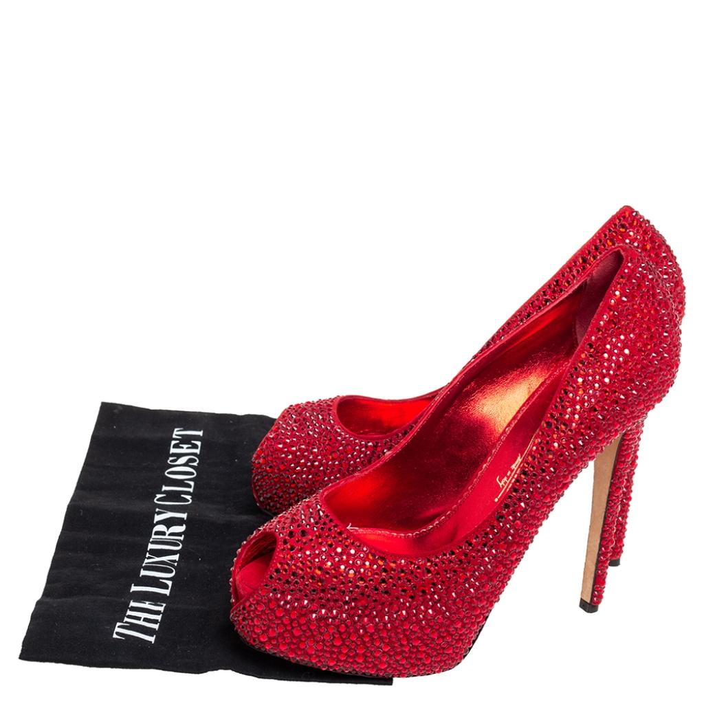 Le Silla Metallic Red Suede Crystal Embellished Peep Toe Platform Pumps Size 38 3