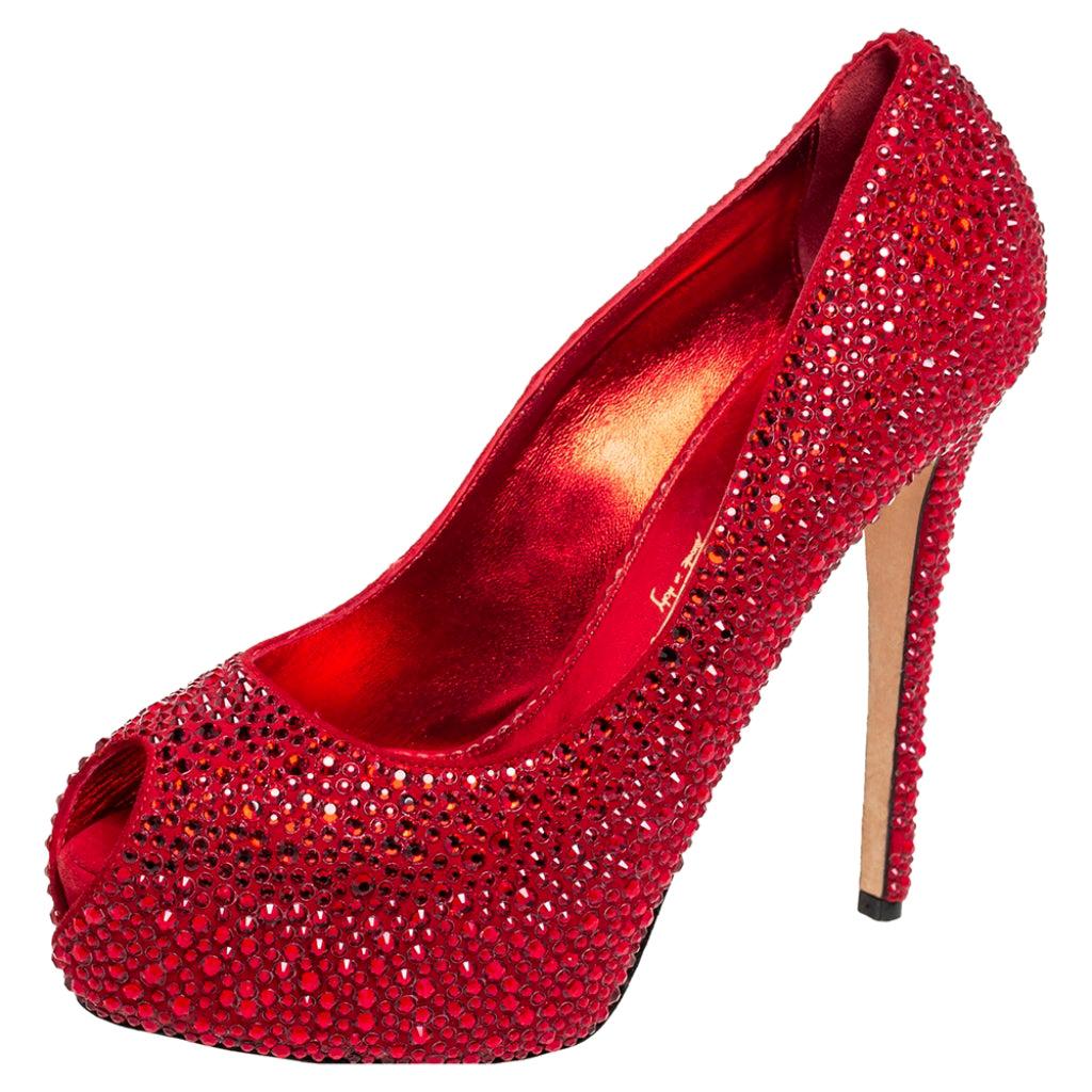 Le Silla Metallic Red Suede Crystal Embellished Peep Toe Platform Pumps Size 38