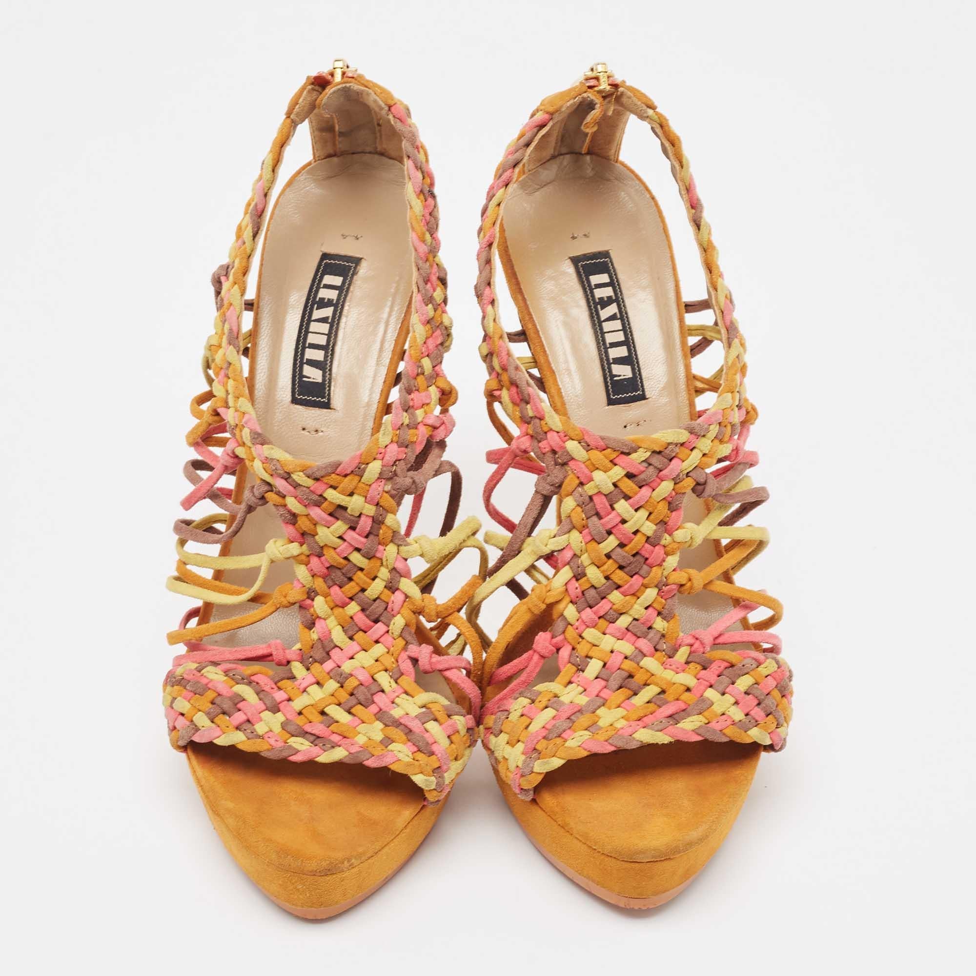 Brown Le Silla Multicolor Suede Woven Platform Sandals Size 36.5 For Sale
