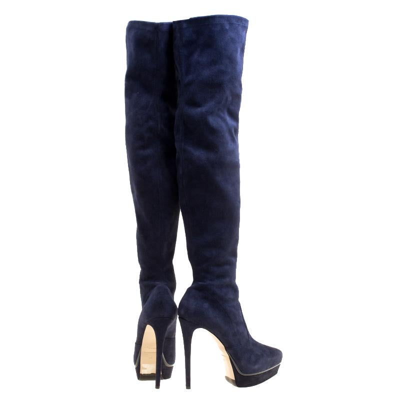 Le Silla Navy Blue Stretch Velour Knee High Pointed Toe Boots Size 40 In New Condition In Dubai, Al Qouz 2
