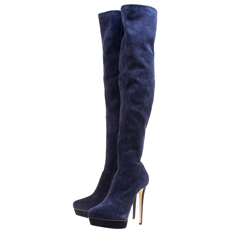 Women's Le Silla Navy Blue Stretch Velour Knee High Pointed Toe Boots Size 40