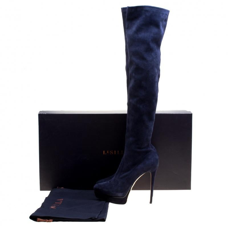 Le Silla Navy Blue Stretch Velour Knee High Pointed Toe Boots Size 40 2