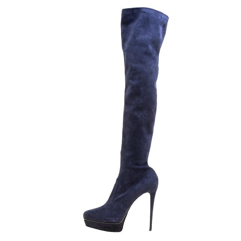 Le Silla Navy Blue Stretch Velour Knee High Pointed Toe Boots Size 40 4