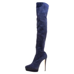 Le Silla Navy Blue Stretch Velour Knee High Pointed Toe Boots Size 40
