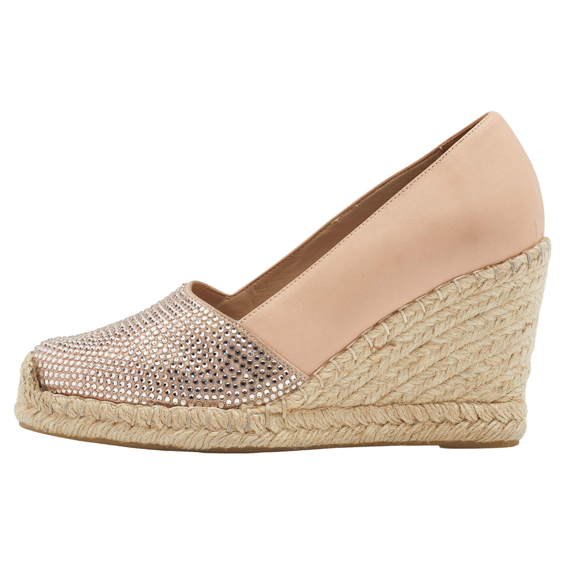 Le Silla Nude Leather Crystal Embellished Wedge Espadrilles Pumps Size 38