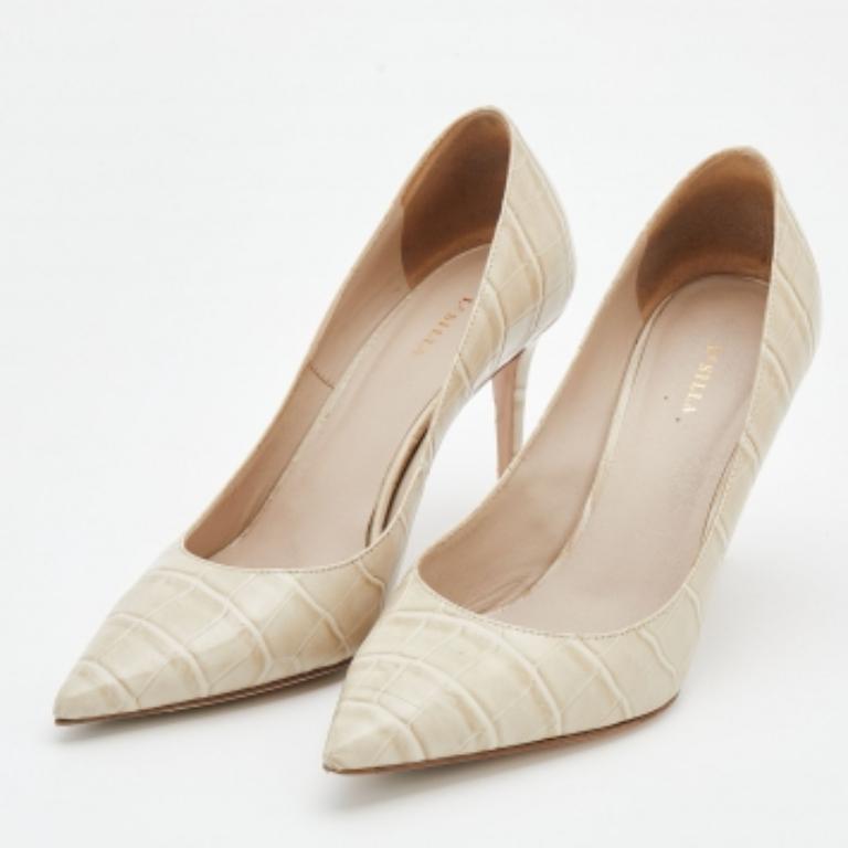 Beige Le Silla Off-White Croc Embossed Leather Eva Pointed Toe Pumps Size 36